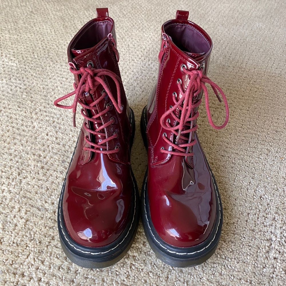 red latex combat boots